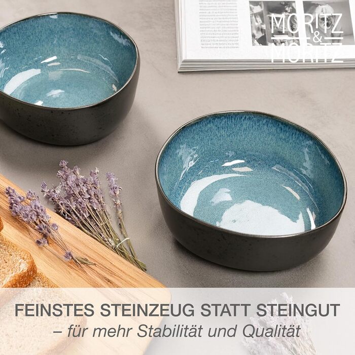 Набір кавових чашок Moritz & Moritz ORGANIC 6 шт. - керамічні чашки з унікальним градієнтом кольору, 2 сервіровочні тарілки, придатні для миття в посудомийній машині (Блакитний)