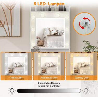 Туалетний столик YOURLITE з LED-підсвіткою, дзеркалом і розеткою, скляною стільницею та шухлядами, регульованою яскравістю, боковою шафкою і тримачем для фена, білий