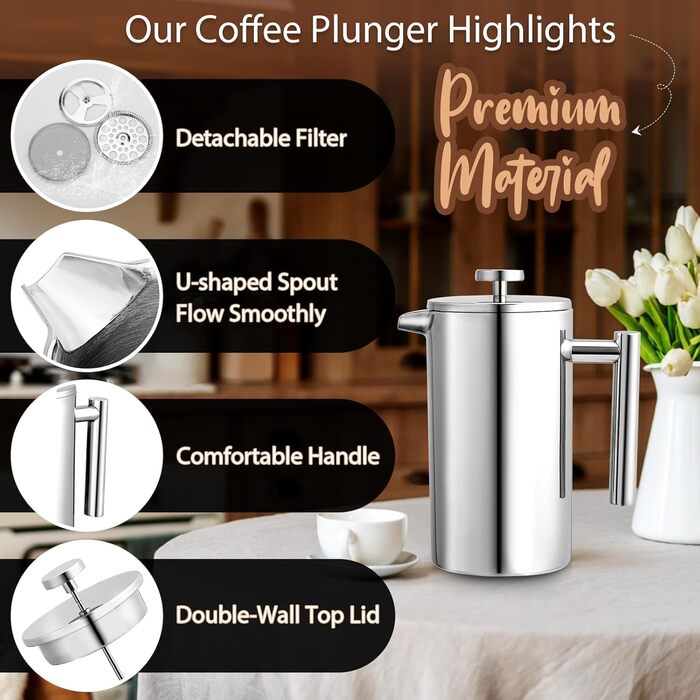 Wrobic French Press Coffee Maker 1.5 Liter Stainless Steel Coffee Maker, Double-Walled Insulated French Press Coffee Pot with 3 Extra Filters (silver, 1500ml) 1500ml Silver
