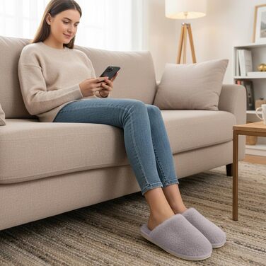 Тапочки зимові для жінок та чоловіків, теплі, з плюшем, з пам'яттю, антиковзкі, сірі (40.5/42 EU)