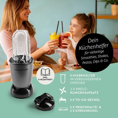 GOURMETmaxx Mr. Magic: Блендер для смузі та коктейлів 400W | Комплект з насадкою, чашею 500мл та кришкою To Go | Компактний стаціонарний блендер для шейків та напоїв | Чорний, Антрацит | XL-Set