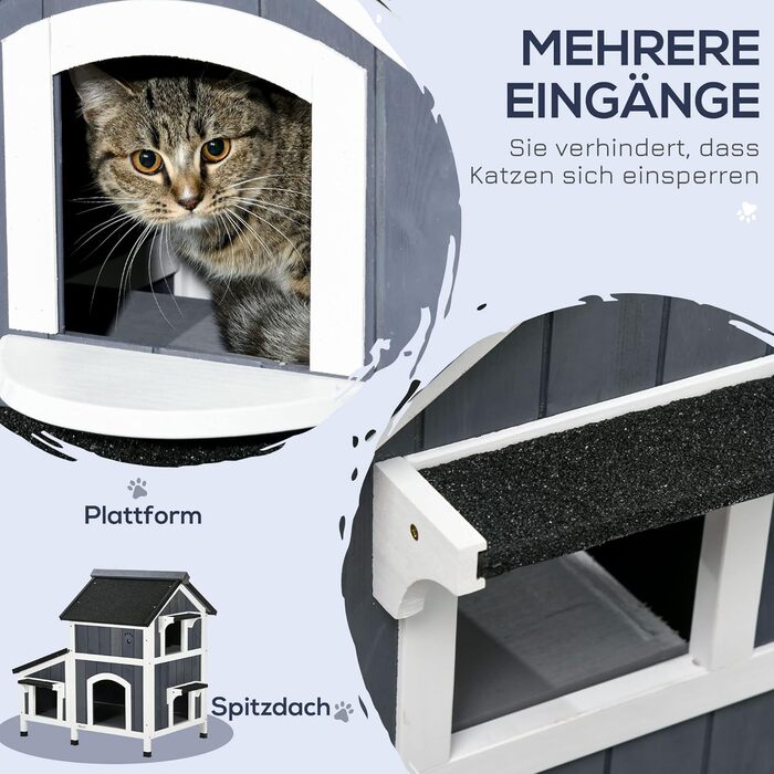 Будинок для котів PawHut на вулицю, 2-поверховий, з дерева сосни, вологостійкий, сірий, 96 x 65 x 85.5 см