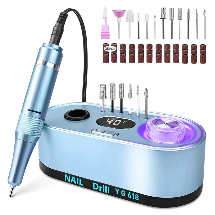 Електрична шліфувальна машинка для нігтів, професійна, 40000 об/хв, LCD манікюр/педикюр, набір з багатофункціональною базою, портативна, з підсвічуванням, сенсорне керування (Світло-блакитний)