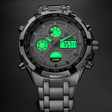 Чоловічий годинник з хронографом: сталевий, водонепроникний, з датою та будильником, аналогово-цифровий дисплей, срібно-чорний