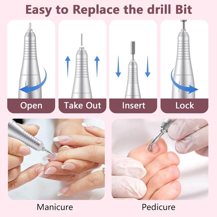 Професійний портативний фрезер для нігтів 45000 об/хв з LCD-дисплеєм - для акрилу та гелю, 11 насадок, рожевий/білий