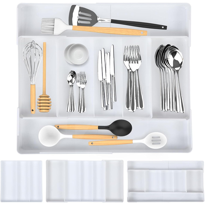 Органайзер для столових приборів в шухляду, розсувний, 27.5-50 см, 3-7 відділень, пластик, для кухні