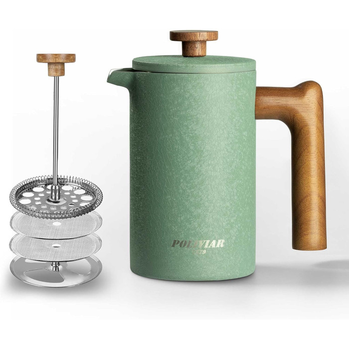 Френч-прес Poliviar 1 л / 8 чашок, з подвійними стінками, ізольований, для кави та чаю, з дерев'яною ручкою, Flatland (зелений)