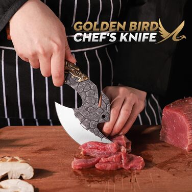 Handgeschmiedetes кухонне м'ясне та філейне ножа Golden Bird з PU-чохлом для кемпінгу, барбекю, гриля, оригінальна сокира Wikinger