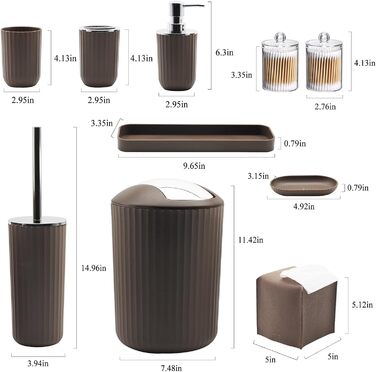 Комплект аксесуарів для ванної кімнати, 10 предметів: коричневий набір з відром, тримачем для зубних щіток, мильничкою, дозатором мила, тримачем для унітазного йоржика, контейнером для ватних паличок та кришкою для серветок