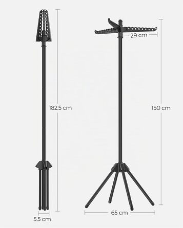 Сушарка для білизни SONGMICS BUNJI LLR510W01V1, складана стійка з нержавіючої сталі з 3 поворотними рукавами для маленьких приміщень та кемпінгу, чорна, 65x65x150 см