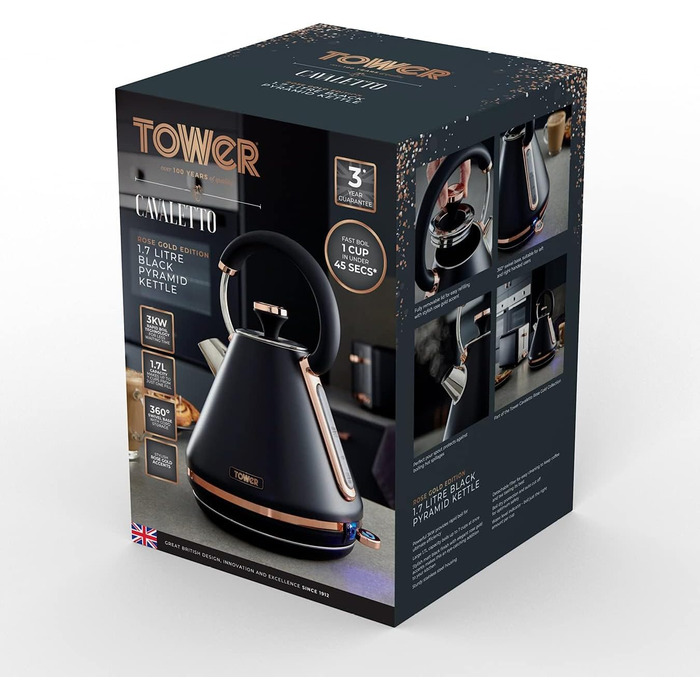 Електричний чайник Tower T10044RG Pyramiden-Wasserkocher 1.7л, нержавіюча сталь, 3000W, чорний та рожеве золото, знімний фільтр, Rapid Boil