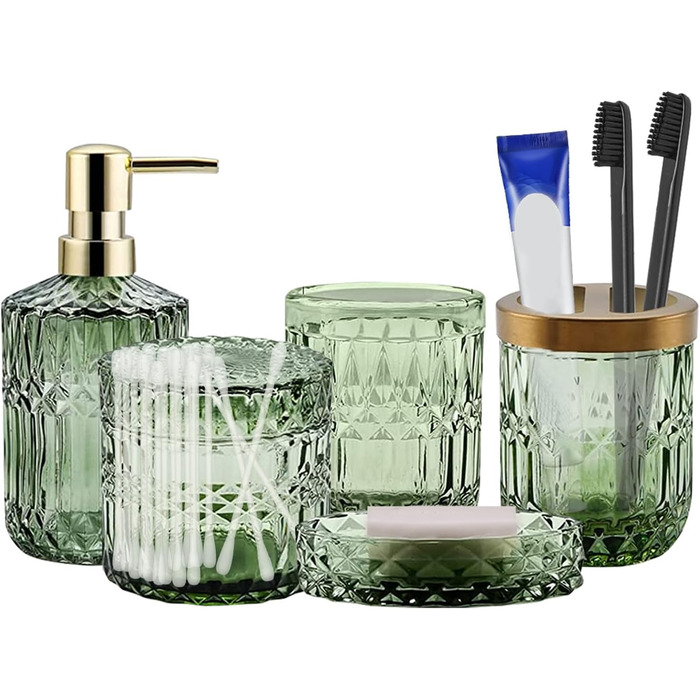 Bathroom Set, 5-Piece Glass Bathroom Accessory Sets including Lotion Dispenser, Soap Dish, Toothbrush Holder, Cup, Cotton Swabs, Modern Bathroom Decoration, Vintage Gift, Bathroom Decor Set (Green)