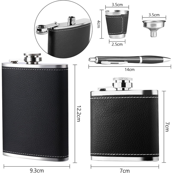 Персоналізований набір фляг 8oz + 3oz, чорна шкіра з келихом з нержавіючої сталі, ручка для підпису, воронка - подарунковий набір для чоловіків, ідеальний для подарунка на День батька