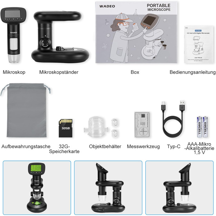 Цифровий мікроскоп WADEO USB HD з 50x-1600x збільшенням, портативна інспекційна камера, кабельне ручне збільшення з 8 LED та стійкою, сумісний з iOS, Android та планшетами (2 дюйми)
