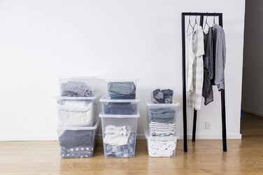 Kreher XXL Storage Box with Lid made of Plastic in Transparent. Holds approximately 135 liters. Dimensions approximately 78 x 56 x 41 H cm.