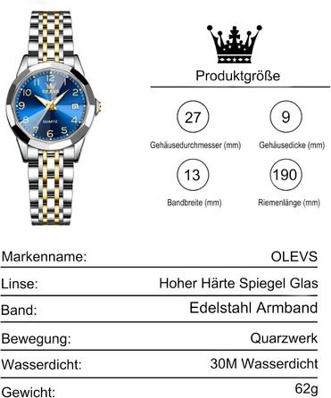 Годинник жіночий OLEVS з нержавіючої сталі, блакитне циферблат, аналоговий кварц, з датою, водонепроникний, на металевому браслеті. Подарунок для жінок (9970)