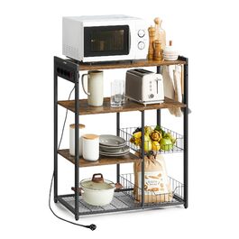 Стелаж кухонний VASAGLE з розетками, підлоговий з 2 металевими кошиками, стелаж пекаря з гачками, полиці, 35 x 80 x 93,5 см, індустріальний дизайн, вінтажний коричневий + чорний, KKS196K01