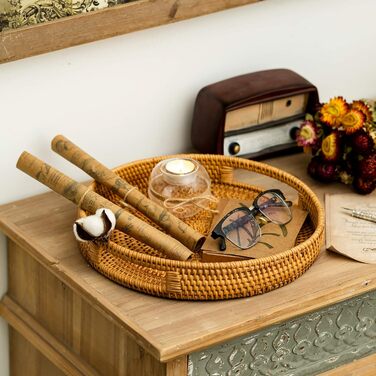 Sziqiqi Rattan Serving Tray with Handles 35cm Hand-woven Wicker Tray Rattan Tray Rustic Decorative Tray for Breakfast, Drinks, Snacks, Bread for Coffee Table Bar Dinner Parties
