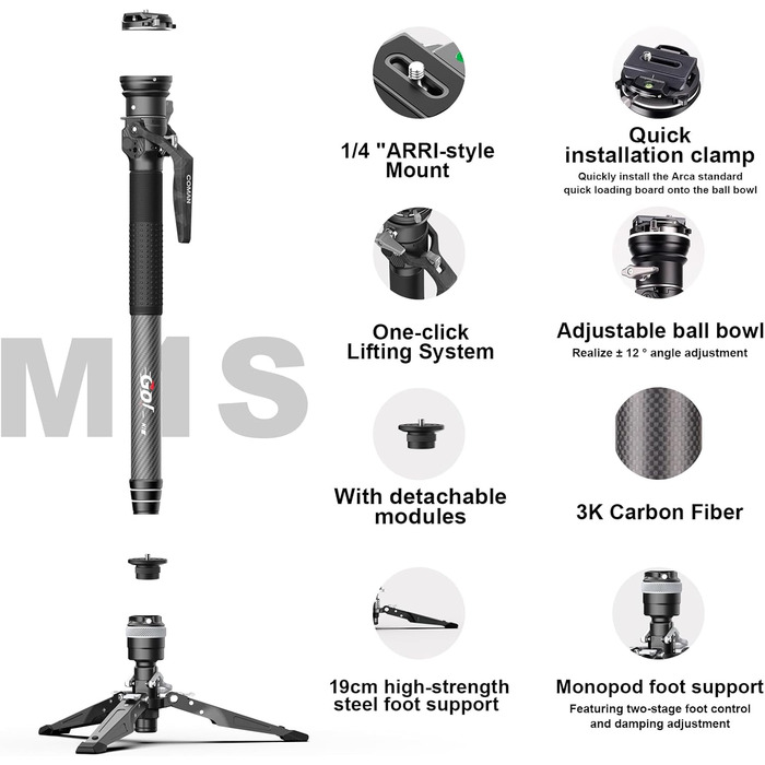 Монопод COMAN M1S з підставкою, 165 см, карбонове волокно, 360° поворотна голова, для камер Sony, Canon, Nikon, DSLR, максимальне навантаження 10 кг