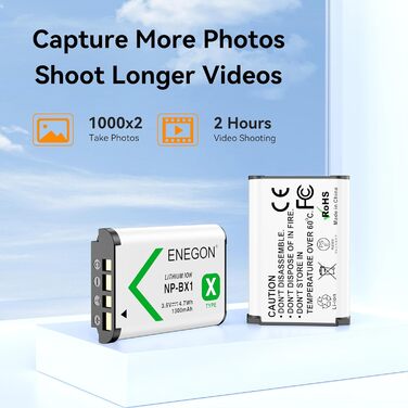 Акумулятор ENEGON NP-BX1 (1300mAh, 2 шт.) з LCD-зарядним пристроєм для Sony NP-BX1, ZV-1, Cyber-Shot DSC-RX100 (усі моделі) та HDR-CX405