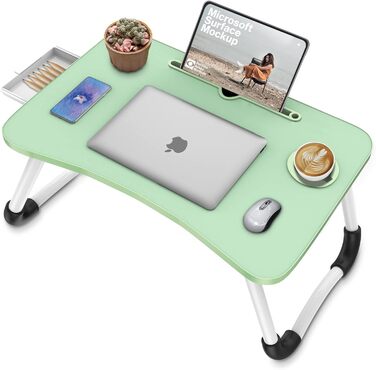 Зручний столик-органайзер для ноутбука з ящиком та підстаканником, зелений