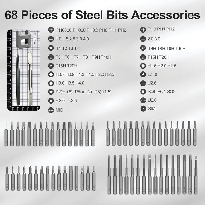 Набір мініатюрної електричної викрутки 72 в 1 з прецизійними бітами, 64 магнітні насадки, 5 режимів крутного моменту, 4 LED-лампи, для ремонту телефонів, годинників, камер