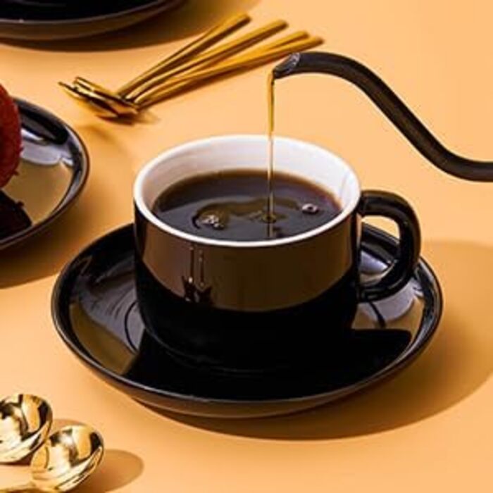 Набір кавових чашок і блюдець з ложками, 4 шт., 220 мл, кераміка, чорний колір. Чашки капучіно для чаю та еспресо
