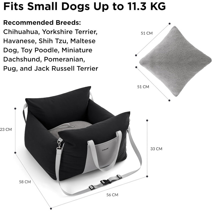 Автокрісло для собак Lesure - чорне, 58x56x33 см, з водонепроникним покриттям та кишенями