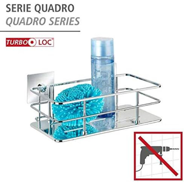 WENKO Turbo-Loc Stainless Steel Wall Shelf Quadro, Mounting Without Drilling, 24 x 10 x 14.5 cm, Chrome