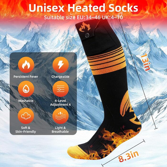 Електричні гріючі шкарпетки з акумулятором 6000mAh та керуванням через додаток, 4 режими нагріву, для чоловіків та жінок, для активного відпочинку: катання на лижах, кемпінг, піші прогулянки, м'які та зручні