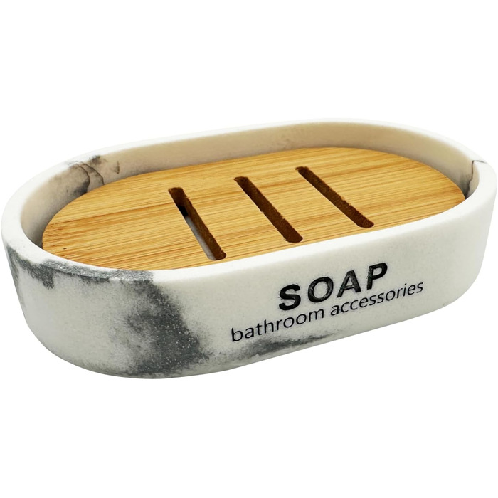 Миска для мила Marmor з бамбуковою підставкою – штучний камінь, 12,5 x 8 x 2,5 см