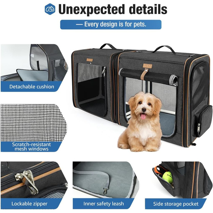 Транспортна переноска для собак та котів середнього розміру 2-в-1, чорна. З туалетом, мисками та матами. Складана переноска з міцного каркасу.