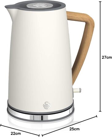Swan Nordic Ultra Fast Electric Kettle - Wireless, Modern Design, 1.7L, 2200W, Wood-Look Handle, Auto Shut-Off, White - Single Serve