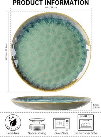 Henten Home 4-Piece Stoneware Plate Set, Green Dessert Plates, Breakfast Plates, Flat Cake Plates, Salad Plates Set for 4 People, Dinner Plate Set