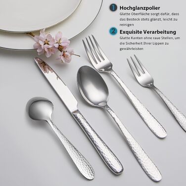 Набір столових приборів EIUBUIE 30 предметів з нержавіючої сталі, молоткова текстура, для 6 осіб. Столові прибори з ножами, вилками та ложками, поліровані, для дому та вечірок, можна мити в посудомийній машині, сріблястий колір.