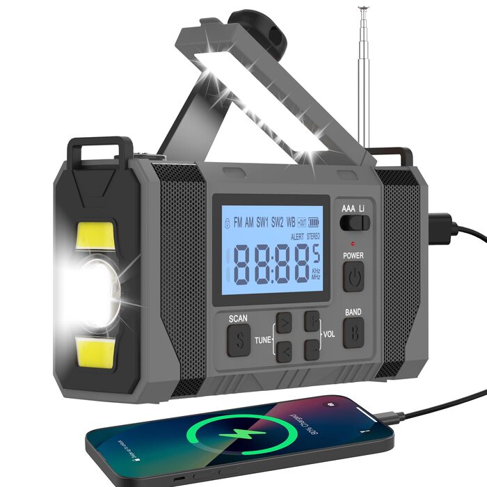Сонячне радіо з ручним заводом 10000mAh Notfall: AM/FM, ліхтарик, SOS-сигнал, Power Bank, зарядка від сонця/USB/ручки, для кемпінгу, походу, надзвичайних ситуацій, сірий