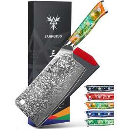 Ніж м'ясник Sanmuzuo Hackmesser 17 см, професійний, Дамаск, Xuan Serie, VG10 сталь, ручка з епоксидної смоли (сапфірово-блакитна)