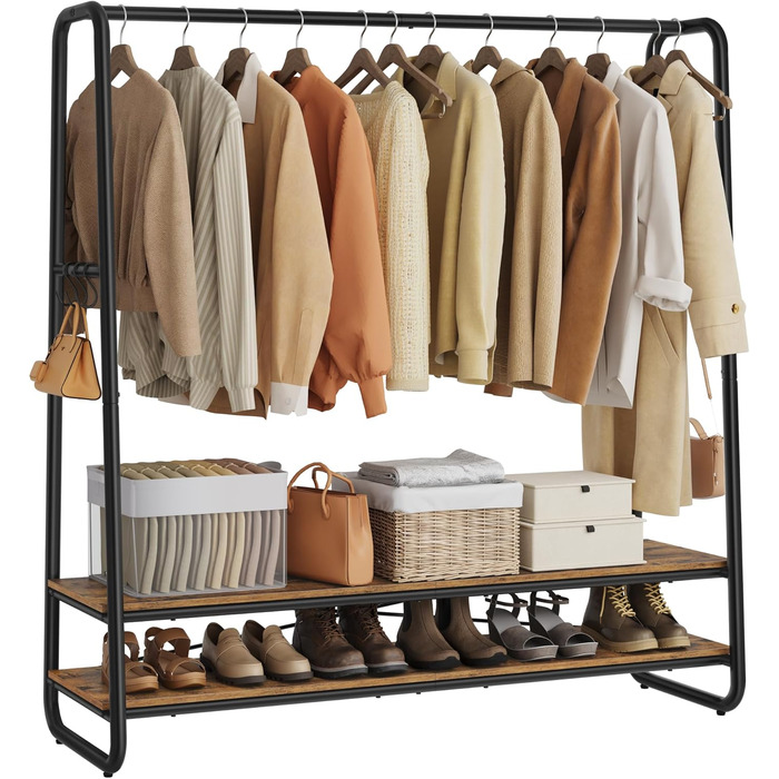 Стійка для одягу VASAGLE RGR119W09, гардеробна стійка з 2 полицями та 6 гачками, сталевий каркас, 45 x 138 x 160 см, для спальні, коридору, прихожої, бежево-білий колір