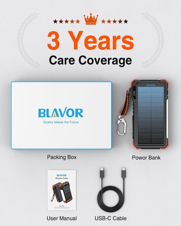 Портативний зарядний акумулятор BLAVOR Solar 20000mAh з кабелем, 20W, сонячний, USB-C, для телефонів та Apple Watch, з ліхтариком та карабіном, оранжевий