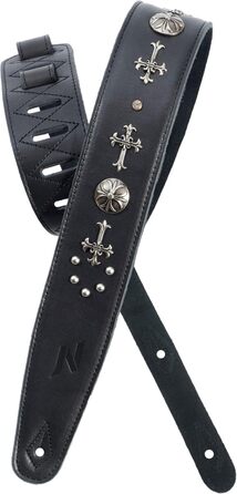 Гітарний ремінь Nefelibata з повном'якої шкіри, з підкладкою з піни, з срібними заклепками, для електро-, акустичної та бас-гітари (2,5' ширини, карбон-чорний), з хрестом