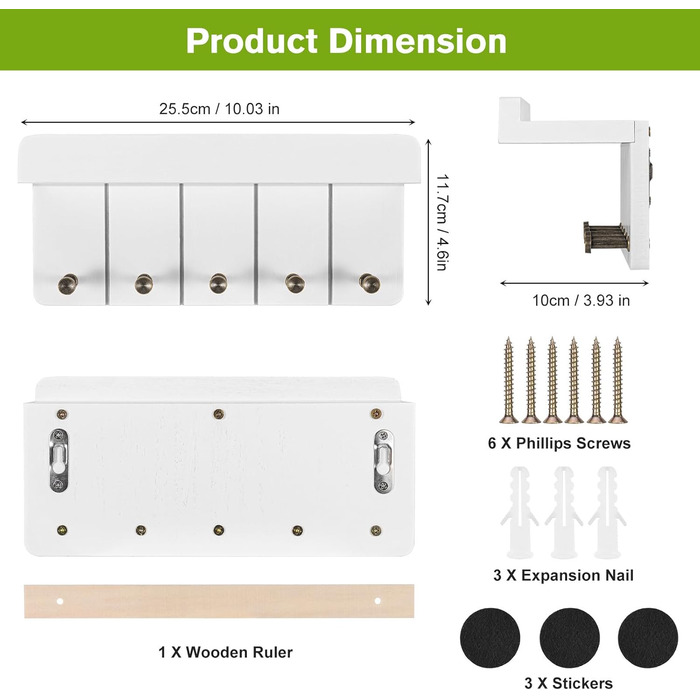 Дерев'яне ключниця з полицею, білий колір, 5 гачків, декоративна настінна полиця для прихожої, кухні, спальні