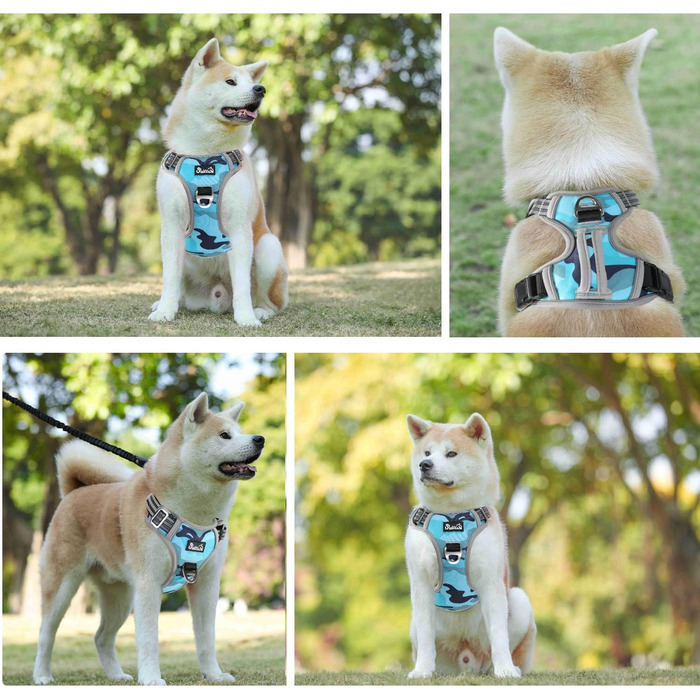 Шлейка для собак великих порід, анти-тяга, з 2 карабінами та зручною ручкою, регульована та світловідбиваюча, для щоденних тренувань (L), камуфляжний колір