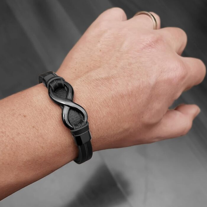 Браслет шкіряний чоловічий UNIQAL Infinity з нержавіючої сталі та натуральної шкіри (чорний/коричневий) + подарункова коробка 21 см