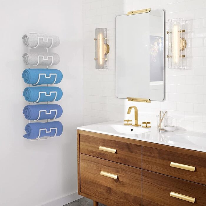 Настінна тримач для рушників з 6 секціями для ванної кімнати, органайзер для рушників та гостей, економія місця, білий