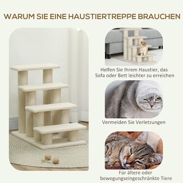 PawHut Pet Stairs Cat Stairs Dog Stairs Stairs for Cats and Dogs 4 Steps 63.5x43x60cm (Cream White)