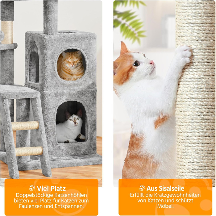 Yaheetech Cat Tree 94 cm high, Cat Climbing Tree for Cats, with Sisal Posts, Caves, Large Platform, Basket, Plush Balls, Light Grey