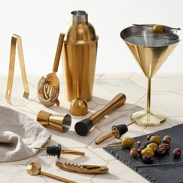 Набір для приготування коктейлів Oak & Steel – 10 предметів, професійний, з нержавіючої сталі, золотий, з рецептами – барменський набір для коктейлів та шотів