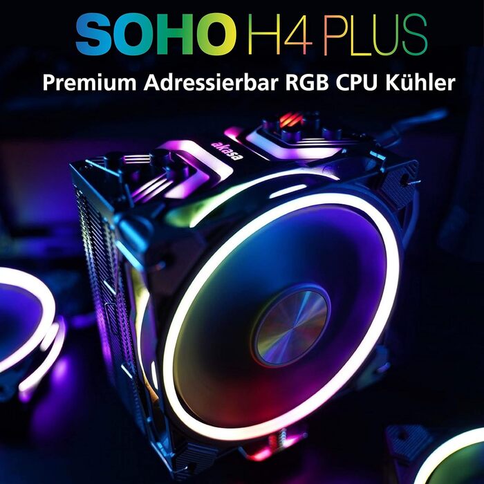 Akasa SOHO H4 Plus: Кулер для CPU з RGB підсвічуванням, 120mm, тихий вентилятор, теплові трубки з міді, 185W, чорний, підтримка Intel LGA 1851/20XX/1700/1200/115X; AMD AM4/AM5 Ryzen