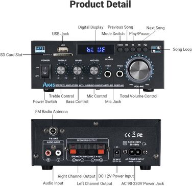 NEOHIPO HiFi-усилювач AK45 Mini, Bluetooth стерео аудіоусилювач 400Вт, 2-канальний, цифровий, з FM-радіо, SD/USB, для дому або авто, чорний