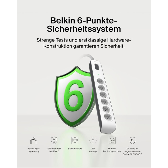 Захисна мережева стрічка Belkin 6-fach з USB, 6 розеток, 650 Дж, 2 м, для дому та офісу